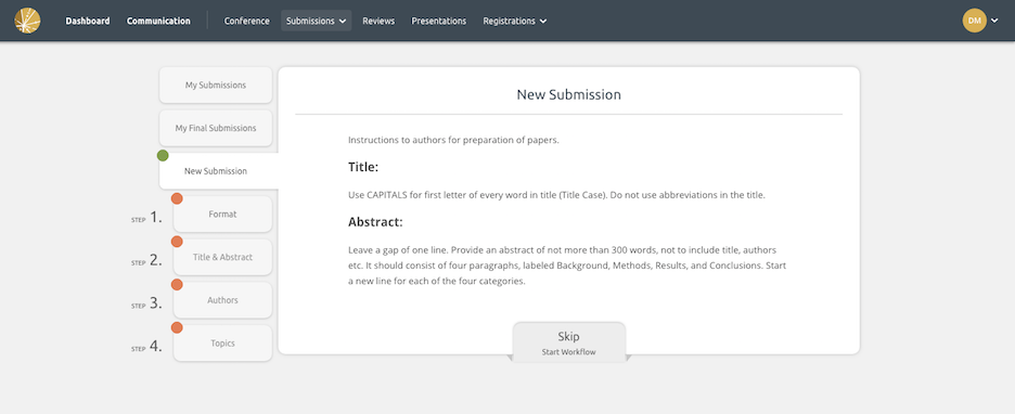 Screenshot of Ex Ordo abstract management software showing guide for authors showing abstract submission guidelines on