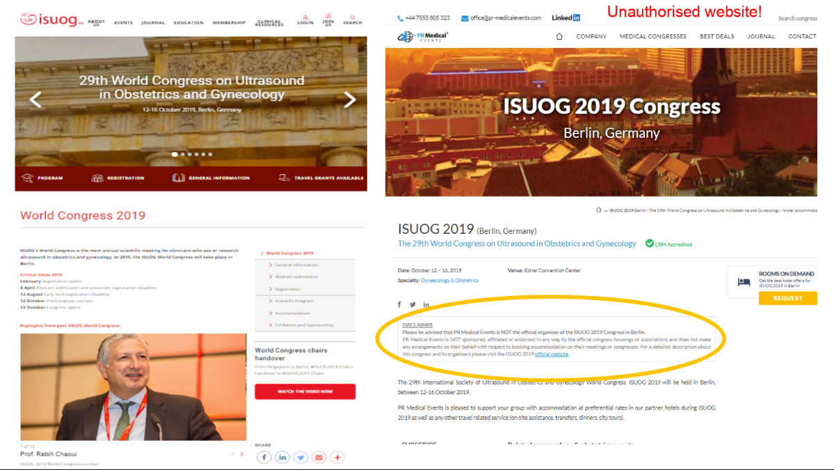 Screenshot of a legitimate conference website on the left and the website cloned by a predatory conference organiser on the right