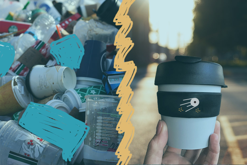Composite image of landfill full of disposable coffee cups and person holding a keep cup - suggesting sustainable event ideas