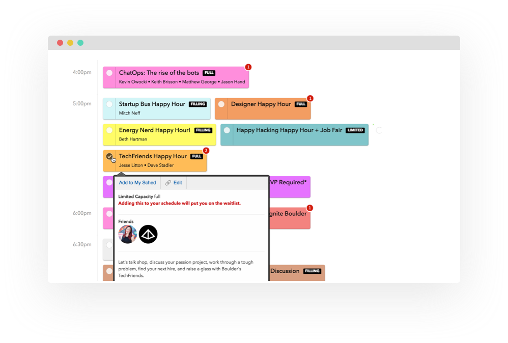 Screenshot of someone viewing detailed info on a conference session within a programme on Sched