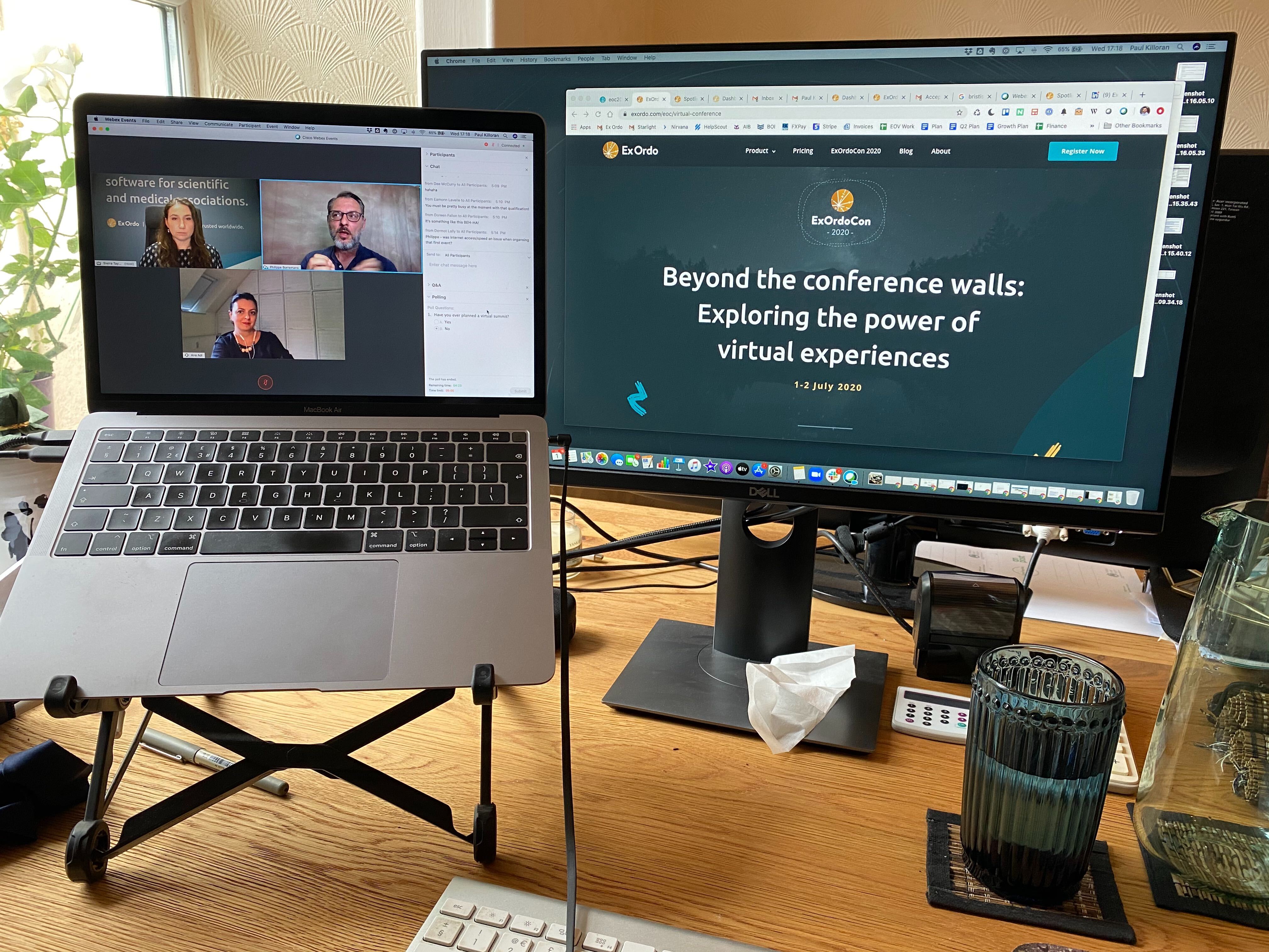 Image showing a remote work set up and one of the speaker sessions from ExOrdoCon 2020.
