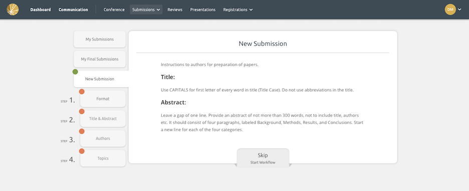 how to write an abstract - Screenshot of Ex Ordo abstract management software showing guide for authors showing abstract submission guidelines on