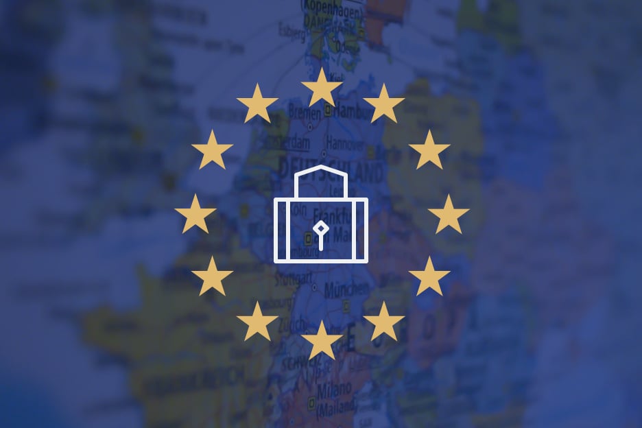 EU coloured image, including a circle of stars and a map faded into the background