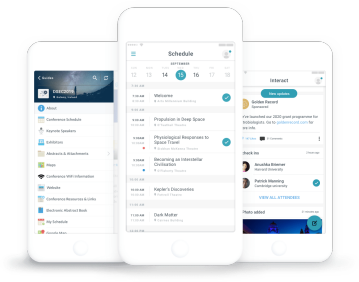 Ex Ordo mobile app for events shown across 3 mobile screen